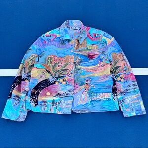 Karen Hart Denim Jacket Pastel Embellished Pictorial Hotel Des Pins Jacket Sz L